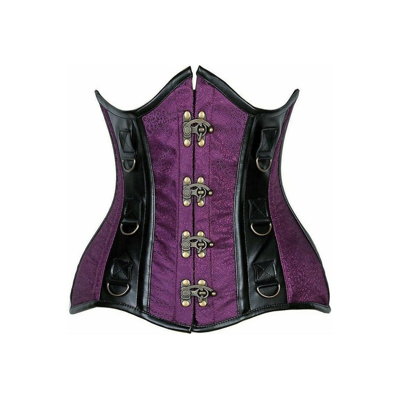 Top Drawer Plum Brocade & Faux Leather Steel Boned Under Bust Corset