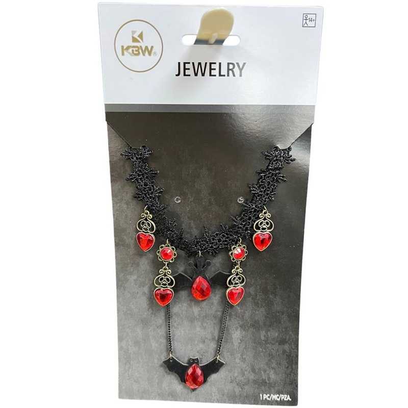 Black Bat Choker Necklace with Red Jewels