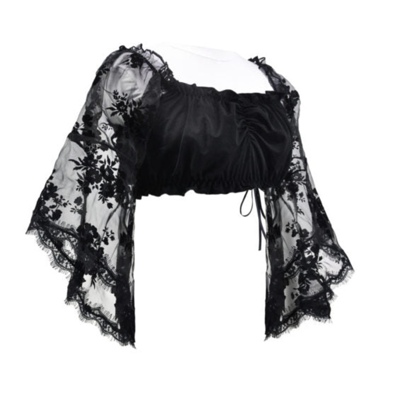 Black Cropped Ruffle Mesh Top with Bell Sleeves