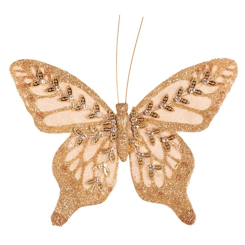 14cm Champagne Glitter Butterfly with Clip Christmas Tree Ornament