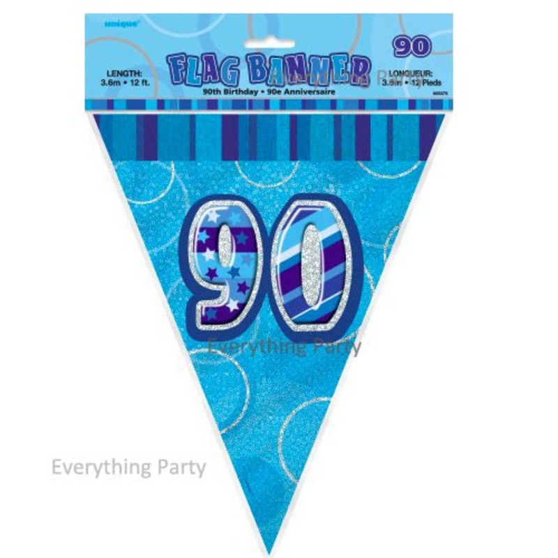 90th Birthday Flag Banner (Blue, Pink, Black)