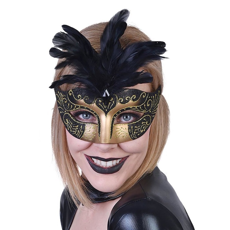 Gabrielle Black Gold Masquerade Eye Mask with Feather