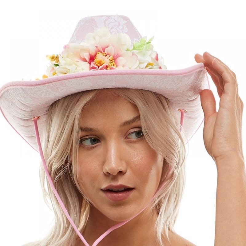 Pink Lace Cowboy Hat with Flowers