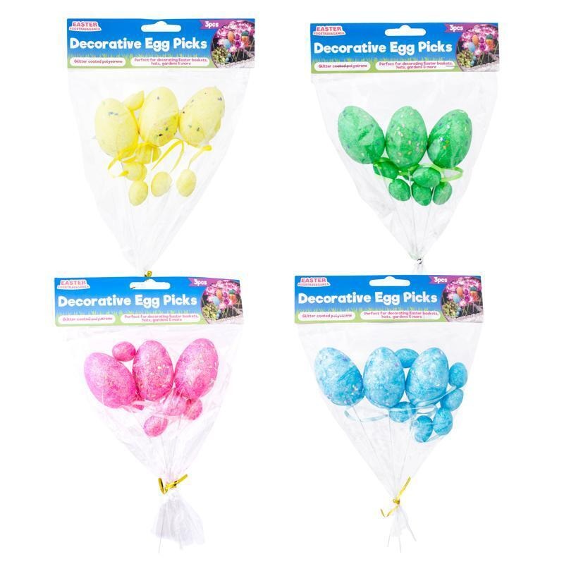 3pk Polystyrene Egg on Pick with Glitter