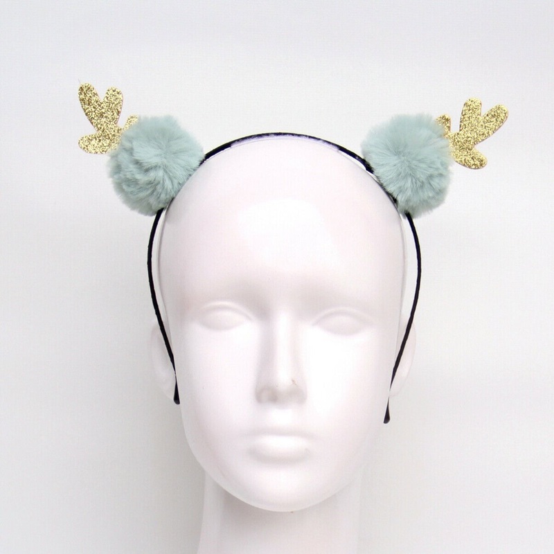 Christmas Headband - Gold Reindeer Antlers with Mint Fluffy Balls