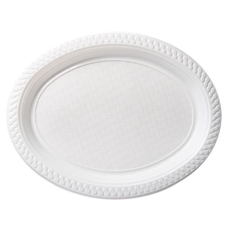 25pk Reusable Plastic White Oval Plates 29.5cm