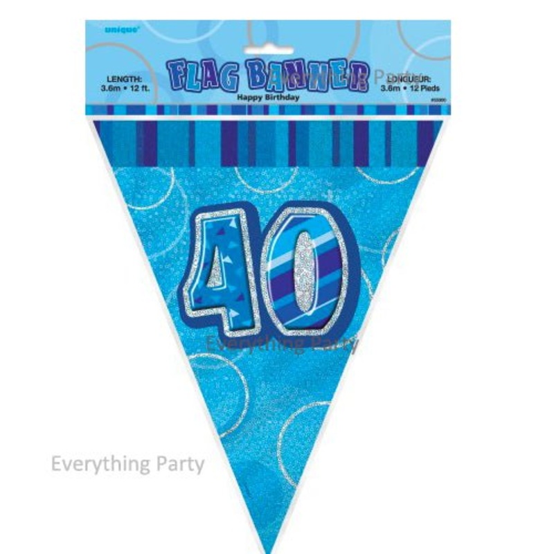 40th Birthday Flag Banner (Blue, Pink, Black)