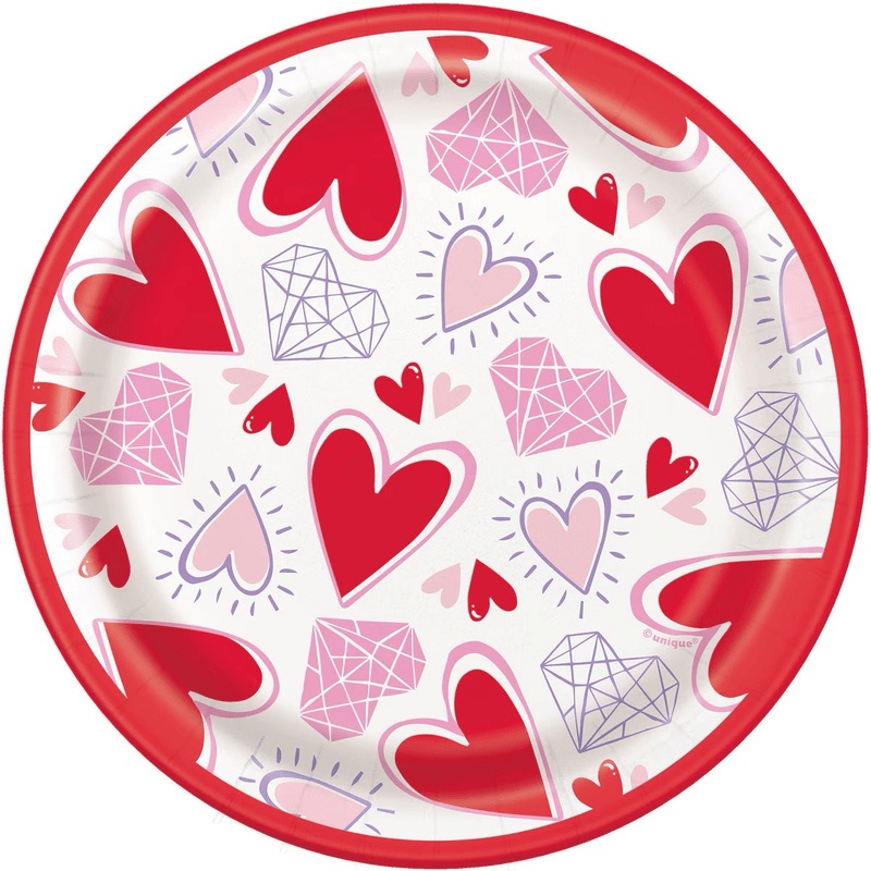 8pk Valentines Day Sparking Hearts Paper Plates 18cm