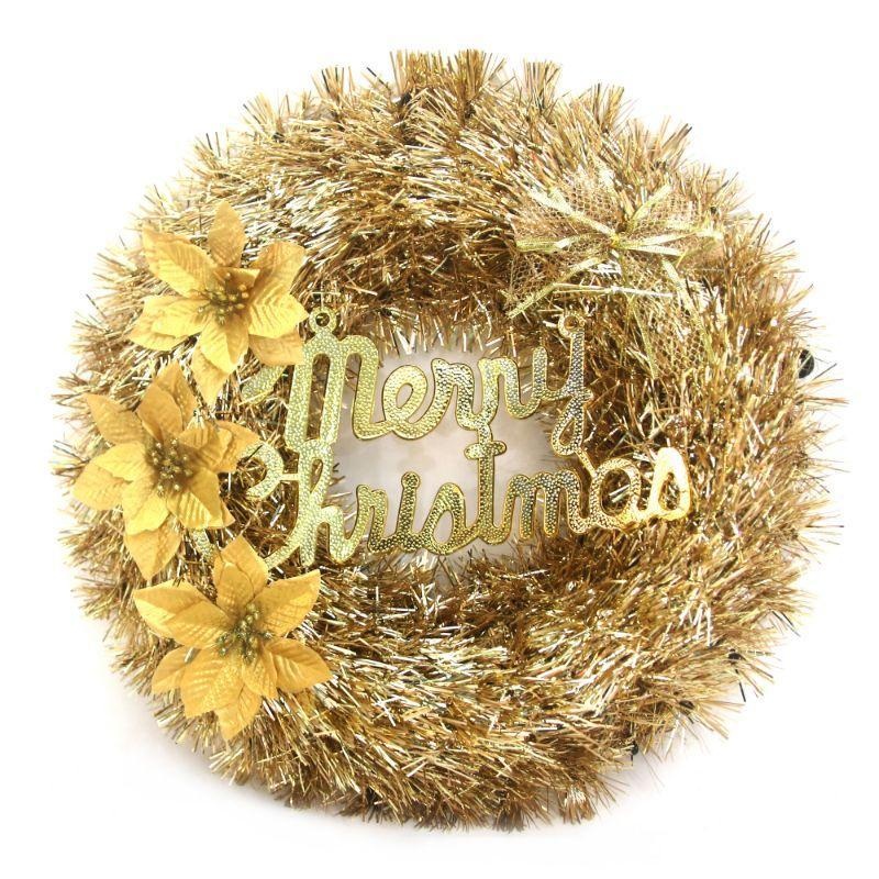 Deluxe Gold Tinsel Wreath with Merry Christmas Sign
