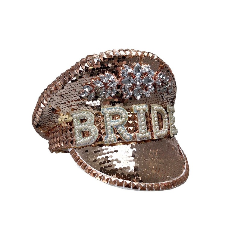 Deluxe Rose Gold Seuqin Bride Hat with Studs and Gems