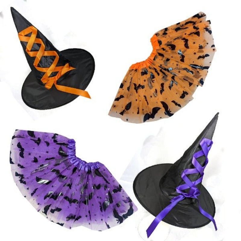 Girls Halloween Orange & Purple Witch Hat with Tutu set