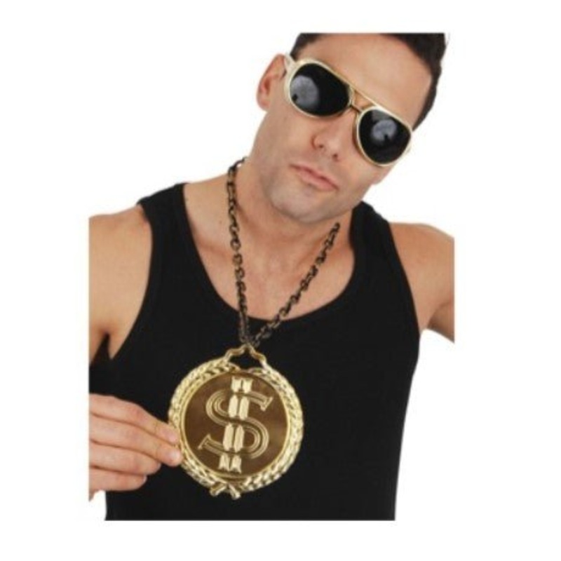 Gold Dollar Sign Medallion Necklace  12cm Bling Accessory