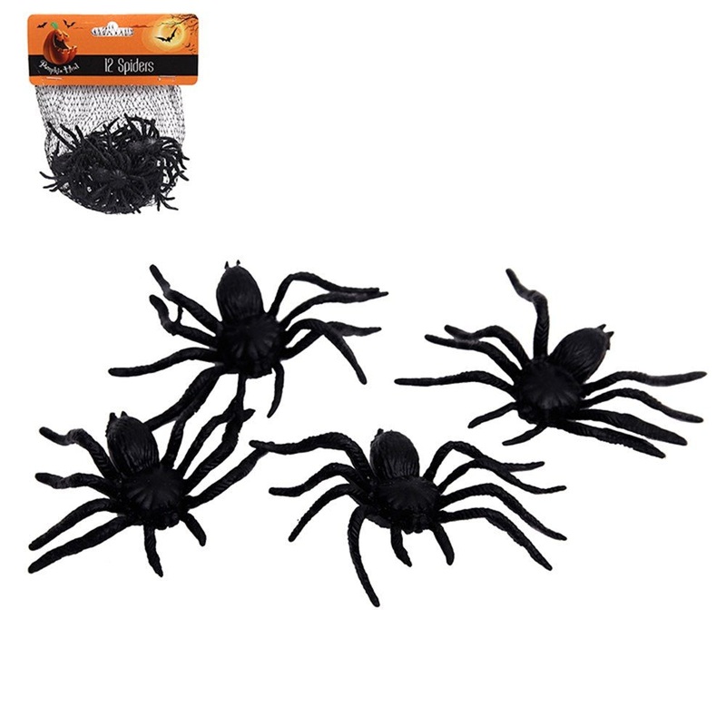 12pk Black Plastic Fake Spiders
