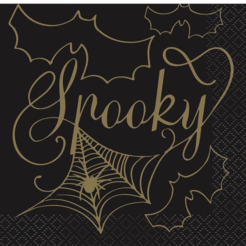 16pk Black & Gold Spider Web Spooky Napkins 2ply