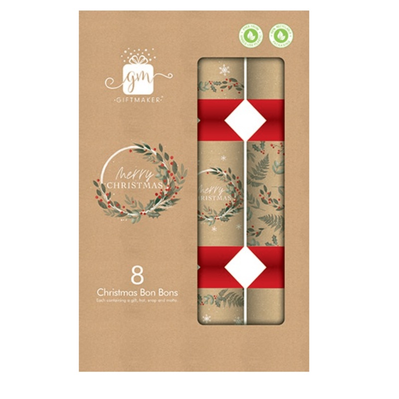 8pk Eco-Friendly Kraft Christmas Crackers  Christmas Wreath Design