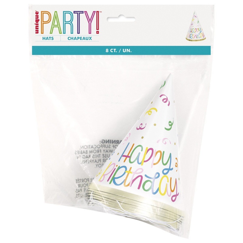 8pk Happy Birthday Cone Party Hats  Multicolour Swirl Design