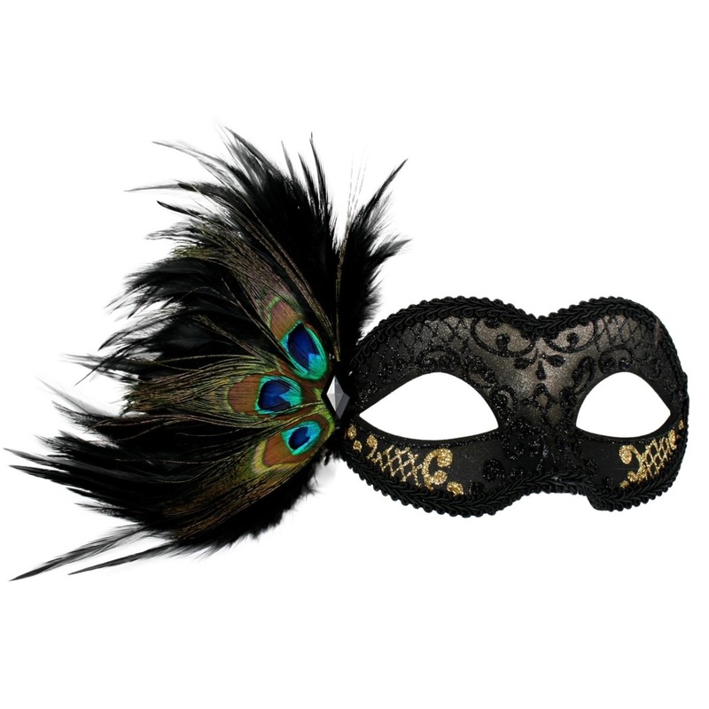 Adriana Black & Gold Masquerade Face Mask with Peacock Feather