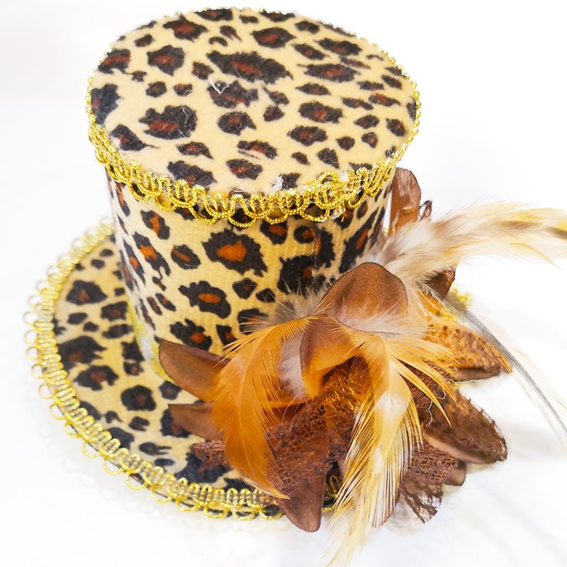 Mini Leopard Print Top Hat with Feather Flower and Hair Clip