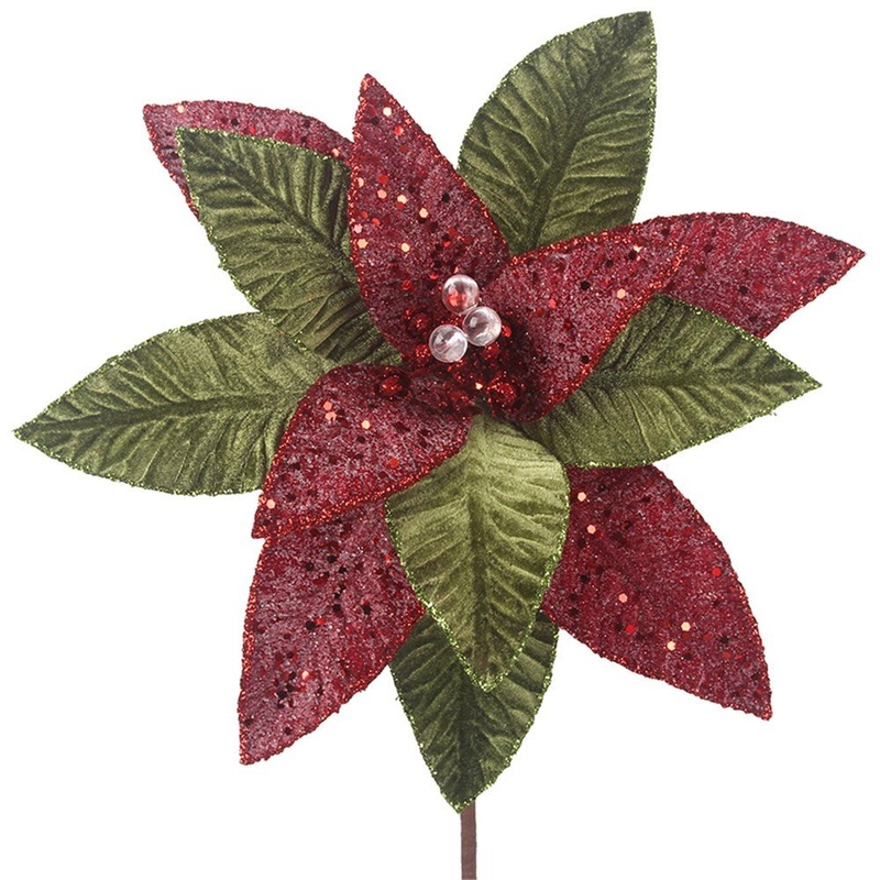 30cm Green & Red Artificial Poinsettia with Long Stem