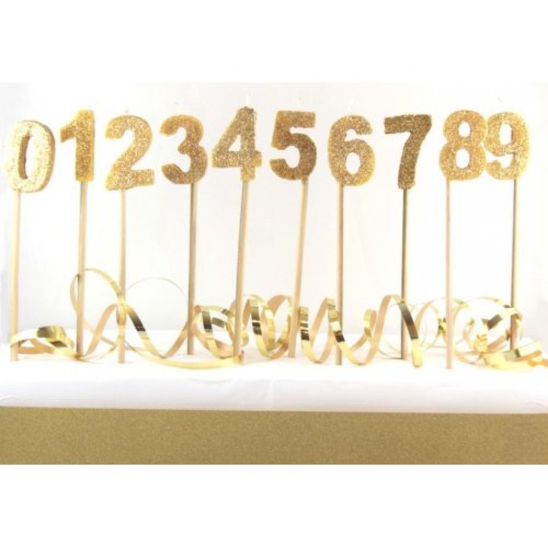 Glitter Numeral Candle with Long Stick - Gold