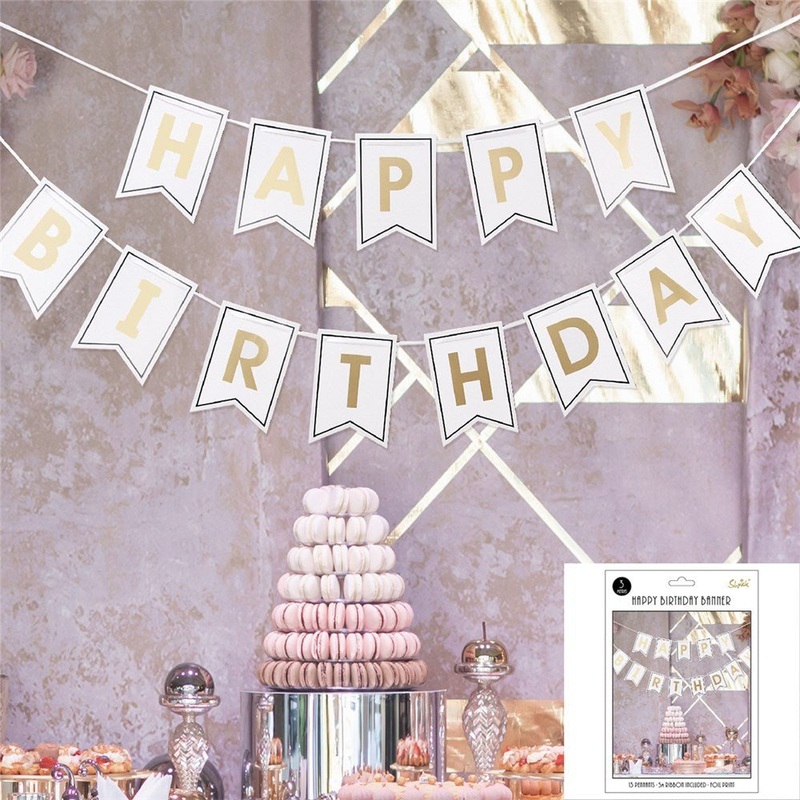 Happy Birthday Foil Printed Banner - Gold & White