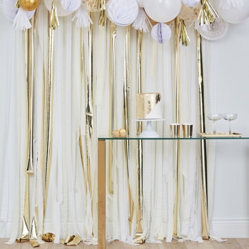 Metallic Gold and White Party Streamers Backdrop