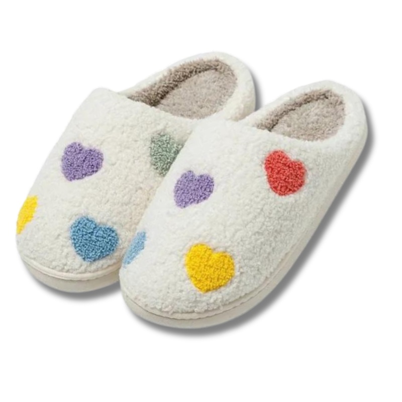 FUZZY COLOURFUL HEART SLIPPERS