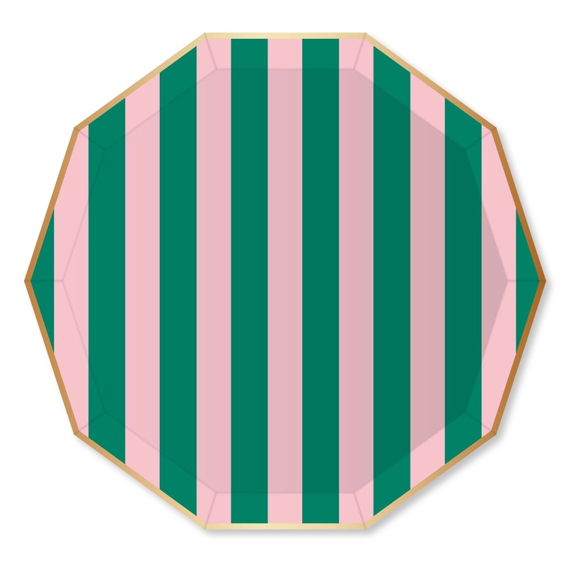Pink & Green Cabana Stripe Large Paper Plates