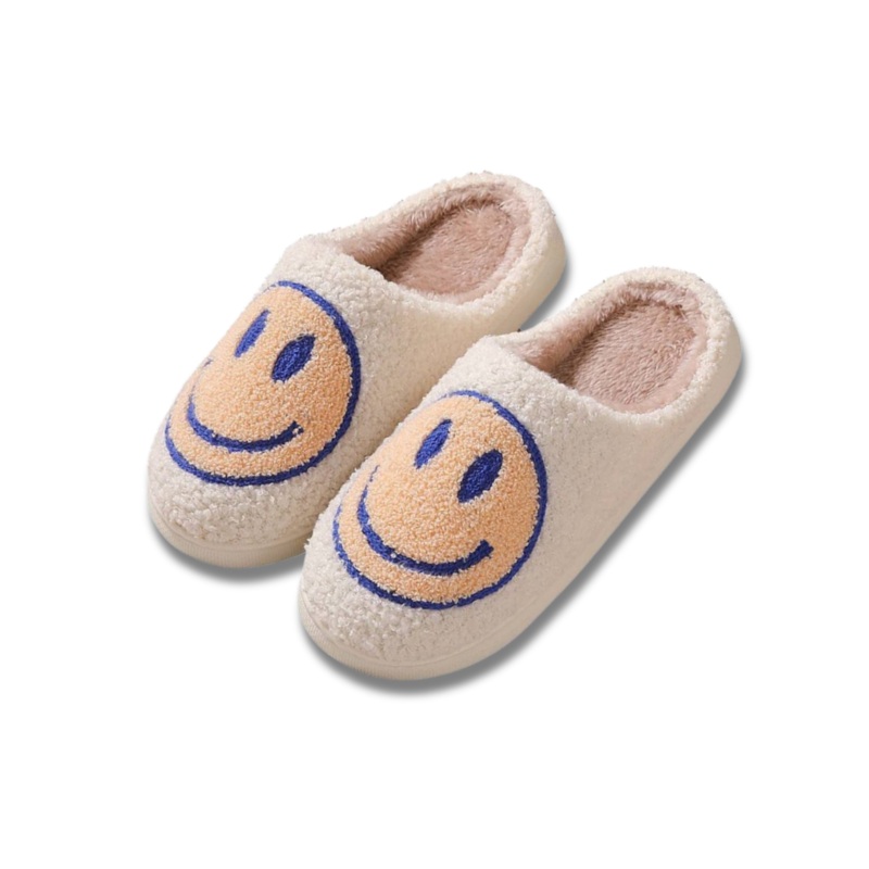 FUZZY HAPPY FACE SLIPPERS - BLUE + ORANGE