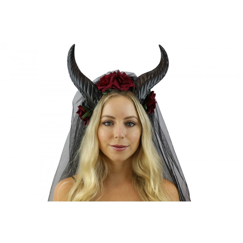 Horns Goat Black With/Rebd Roses